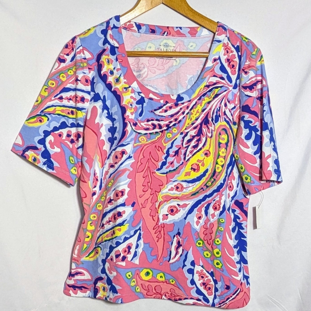 NWT T Talbots Botanical Paisley 3/4 Sleeve Cotton T-shirt, Colorful, Summer Sz L
